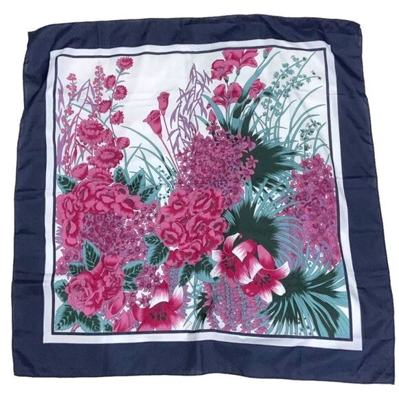 OVERSEAS ADVANTAGE Blue Pink Floral Print Square Neck Scarf 24” X 26” Square - Picture 2 of 9